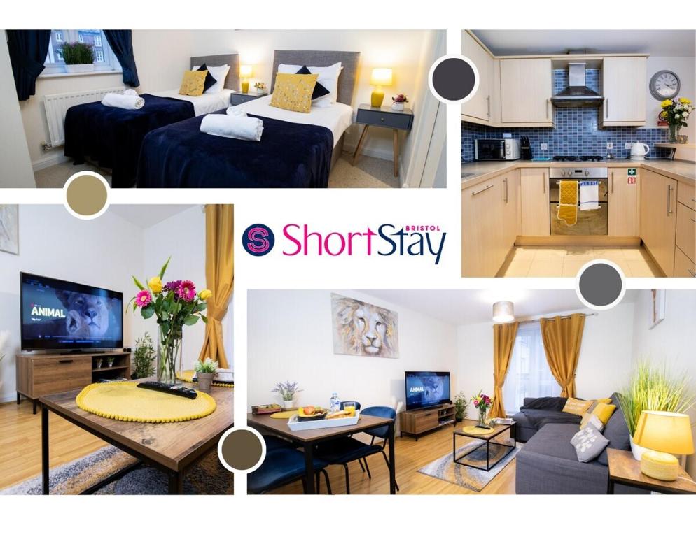 a collage of photos of a bedroom and a short stay room at April Disc - Long Stay - Contractors in Swindon