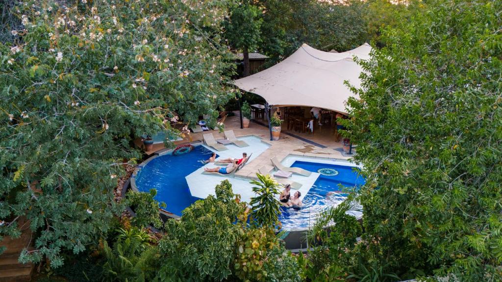 una vista aérea de una piscina con dos personas en ella en Shongwe Oasis en Victoria Falls