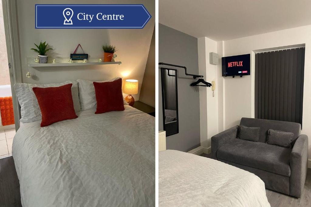 dwa zdjęcia sypialni z łóżkiem i krzesłem w obiekcie Cosy Chic Studio in Central Liverpool w Liverpoolu