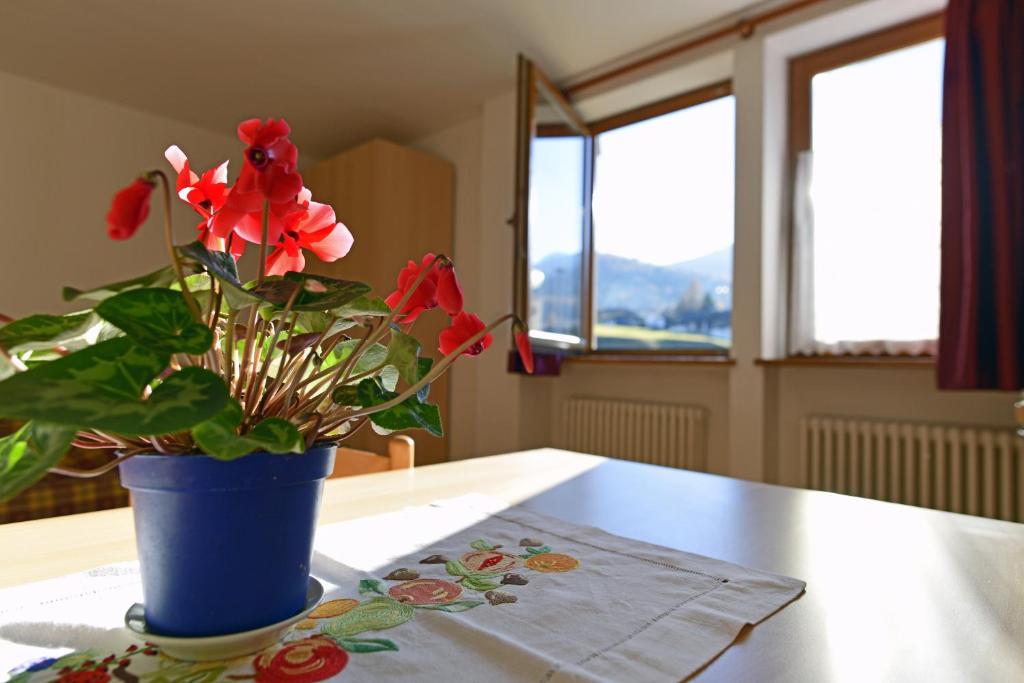 un jarrón azul con flores rojas en una mesa en Agritur Fantelli Nicola 5, en Monclassico