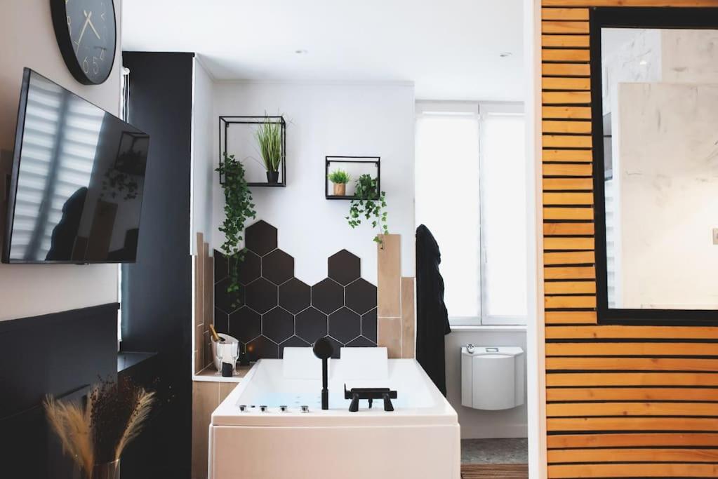 uma casa de banho com um lavatório e um WC num quarto em LOVE ROOM, La Douce Angevine em Angers