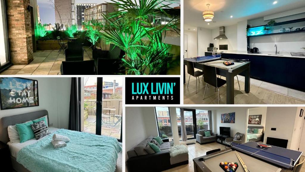 a collage of pictures of a living room and a kitchen at Lux Livin' Apartments - Luxury 2 Bed Apartment with Sky Garden in Manchester