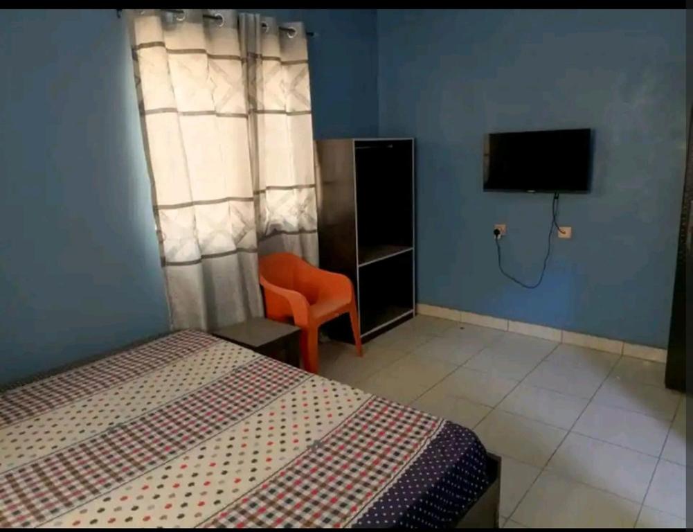 a bedroom with a bed and a tv and a chair at Hibis k hotel (green gate) in Lagos