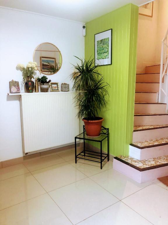 a hallway with green walls and stairs with a potted plant at Chelles - Paris - Disneyland Marne la vallée in Chelles
