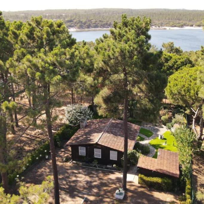 an aerial view of a house with trees and water at Casa da Lagoa - House by the Lagoon with Direct Access to the Beach in Sesimbra