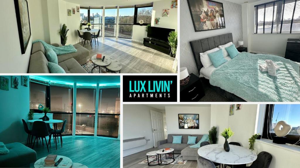 a collage of photos of a living room and a bedroom at Lux Livin' Apartments - Luxury 2 Bed Manchester Apartment with FREE Parking in Manchester