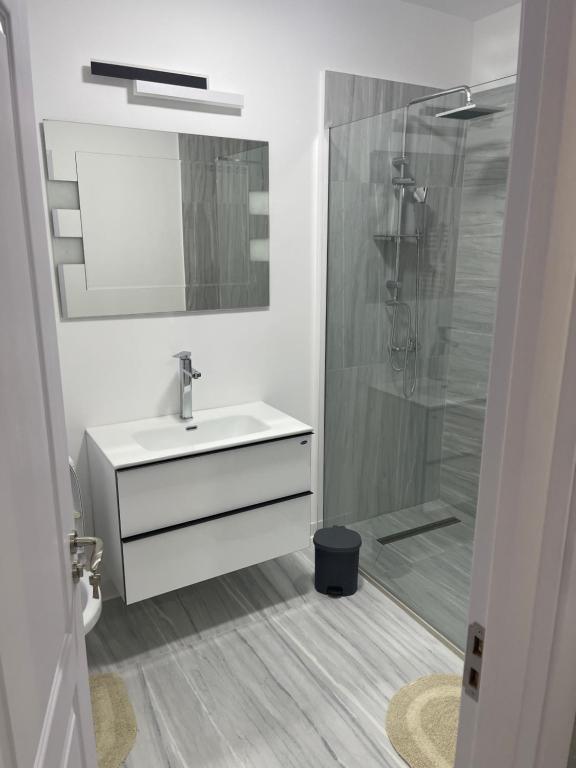 a white bathroom with a sink and a shower at Liviu in Baia Mare