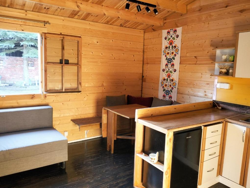 Habitación en una cabaña de madera con mesa y TV en Agroturystyka 3 chaty red black I nanna, en Młynary