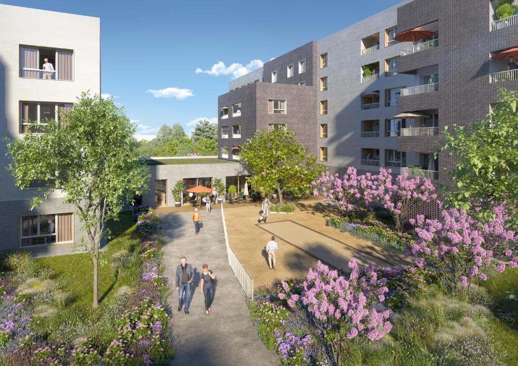 a rendering of a building with people walking down a sidewalk at Résidence Services Seniors DOMITYS - Les Galopins in Trélissac