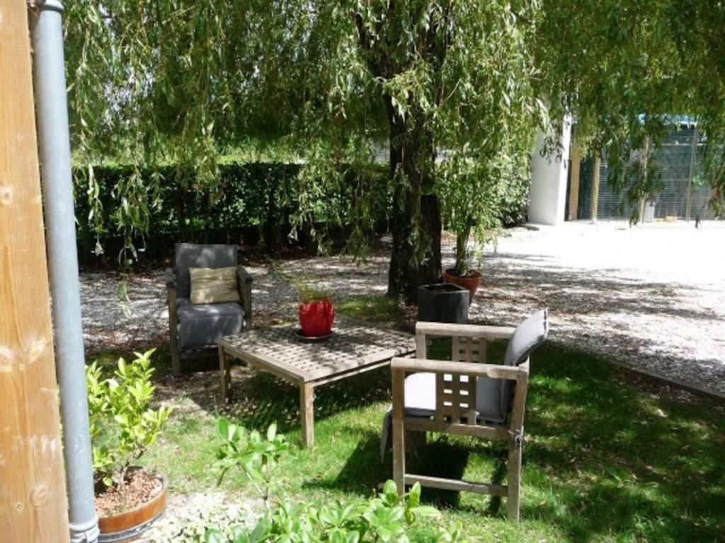 2 Stühle und ein Tisch unter einem Baum in der Unterkunft Appartement d'une chambre avec jacuzzi terrasse et wifi a Latresne in Latresne