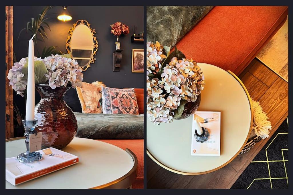 dos fotos de un jarrón con flores en una mesa en The Richmond Retreat, en New Malden