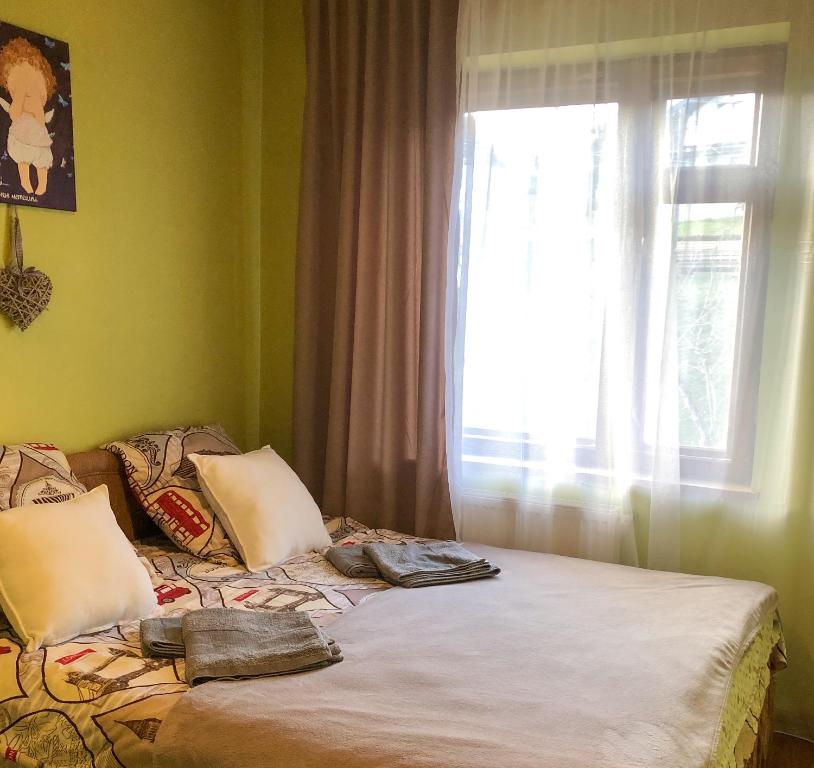 ein Bett mit zwei Kissen und einem Fenster in der Unterkunft Тіна in Slawske