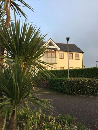a yellow house with a palm tree in front of it at Sandbar in Saint Just in Roseland