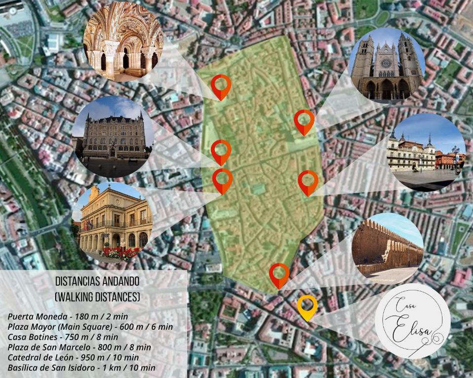 een kaart van bezienswaardigheden en gebouwen met rode aanwijzers bij Casa Elisa 2 in León