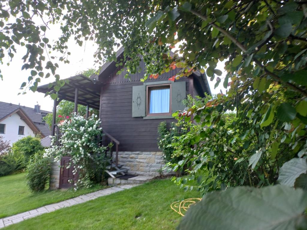 una pequeña casa con una ventana en un patio en Słoneczne Wzgórze DOMEK, en Szczawnica