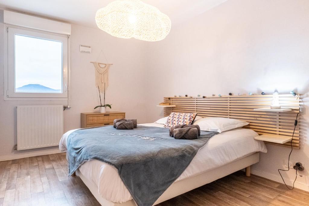 une chambre avec un grand lit et une fenêtre dans l'établissement Annecy L'Elégance : grande chambre/stationnement, à Annecy