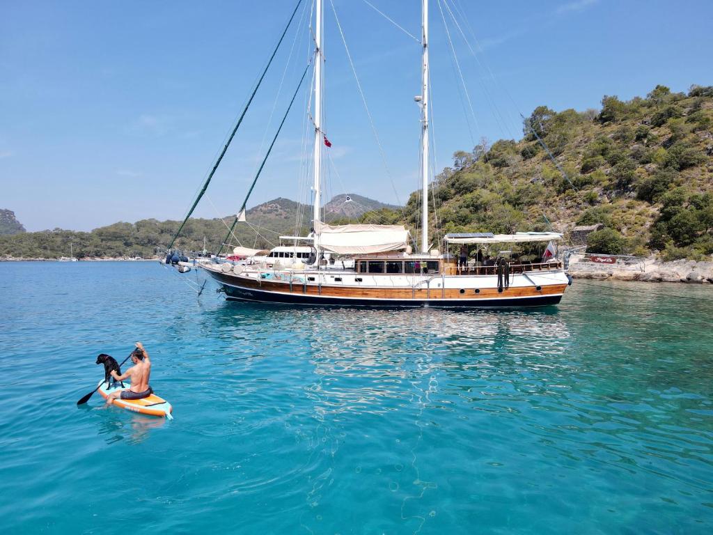 a man and a dog on a paddle board in front of a boat at Hayat Bu, Boot in Fethiye