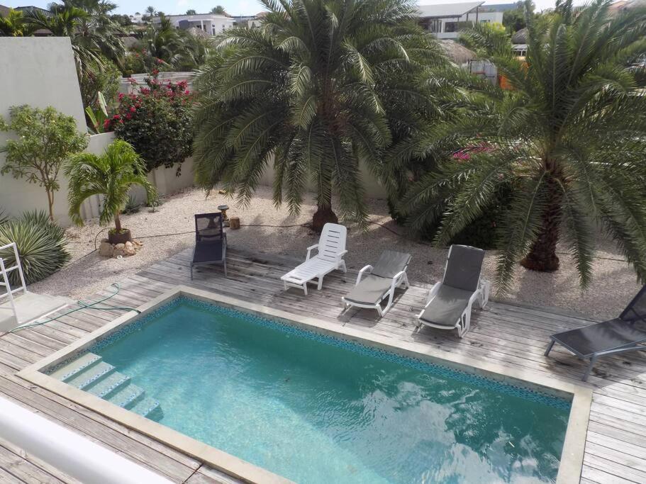 a pool with chairs and palm trees on a balcony at Villa Favvidae ~ Close to Beach in Jan Thiel