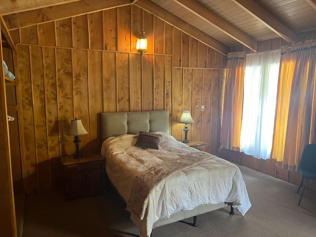 ein Schlafzimmer mit einem Bett in einer Holzwand in der Unterkunft Casa D'Pa in San Gerardo de Dota