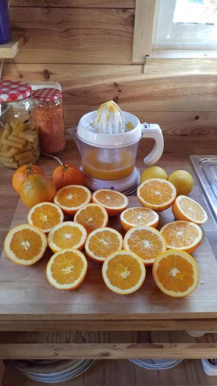 a cutting board with oranges and a cup of coffee at Casa Carini in Sertã