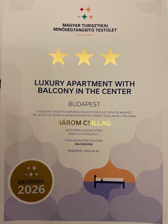 Luxury apartment with free garage and balcony in the center tanúsítványa, márkajelzése vagy díja
