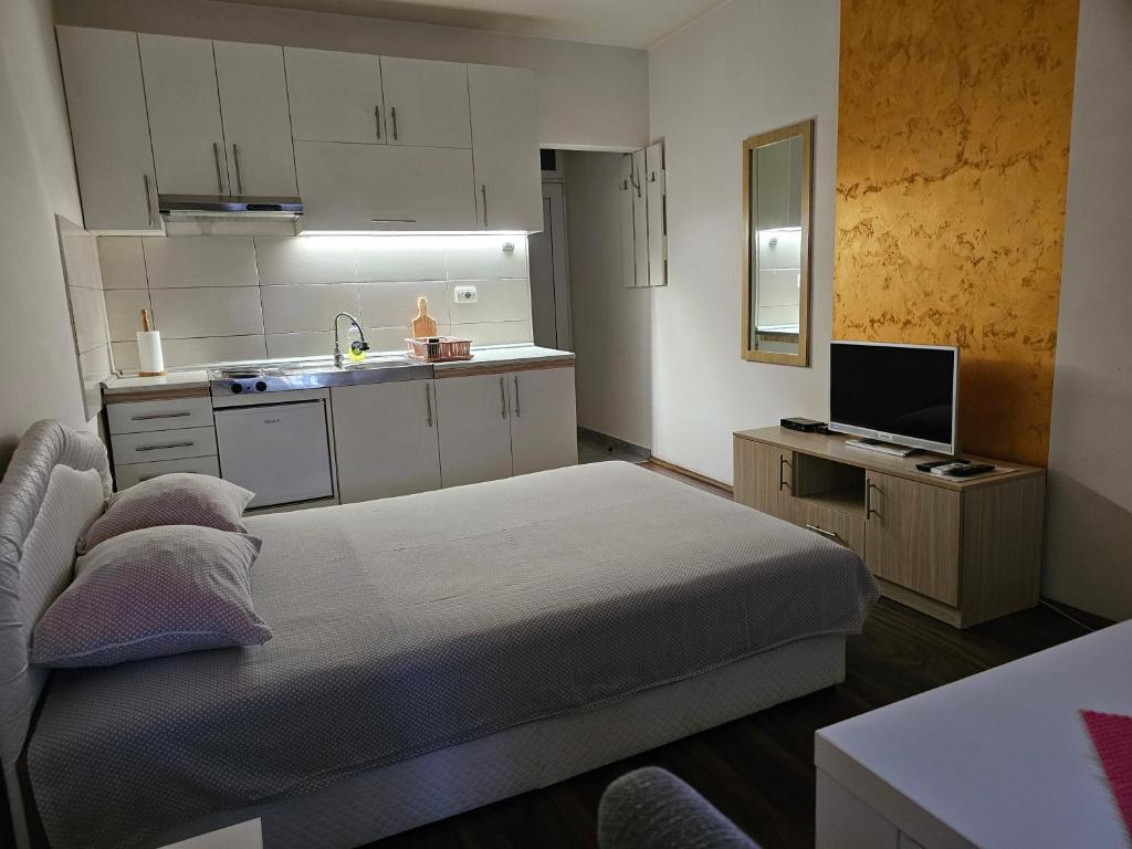 een kleine kamer met een bed en een keuken bij Apartmani Borko 1-1 in Loznica