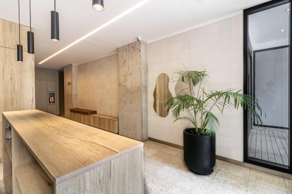 a wooden table in a room with a potted plant at Loft Elegante a 5 Minutos de Puerto Madero 6B in Buenos Aires