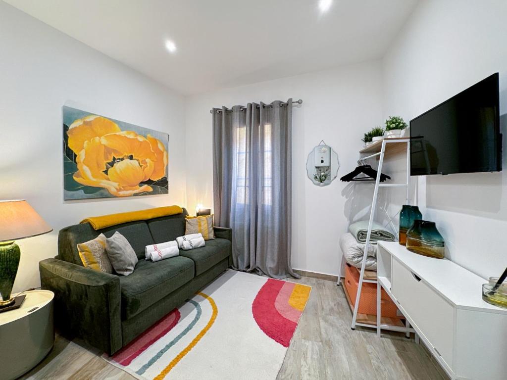 un salon avec un canapé et une télévision dans l'établissement Tivoli 2 - Renovated studio, Monaco Border, 5mn from Casino Monte Carlo, à Beausoleil