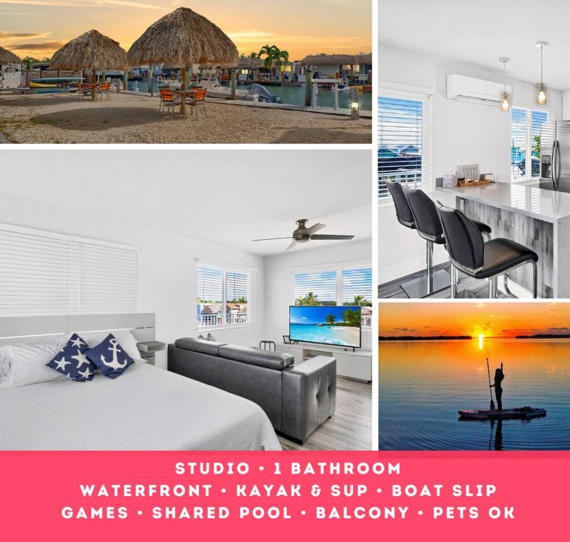 a collage of photos of a bedroom with a bed and a kitchen at Waterfront Studio 2, Couples Oasis, Kayaks, Pool in Jewfish