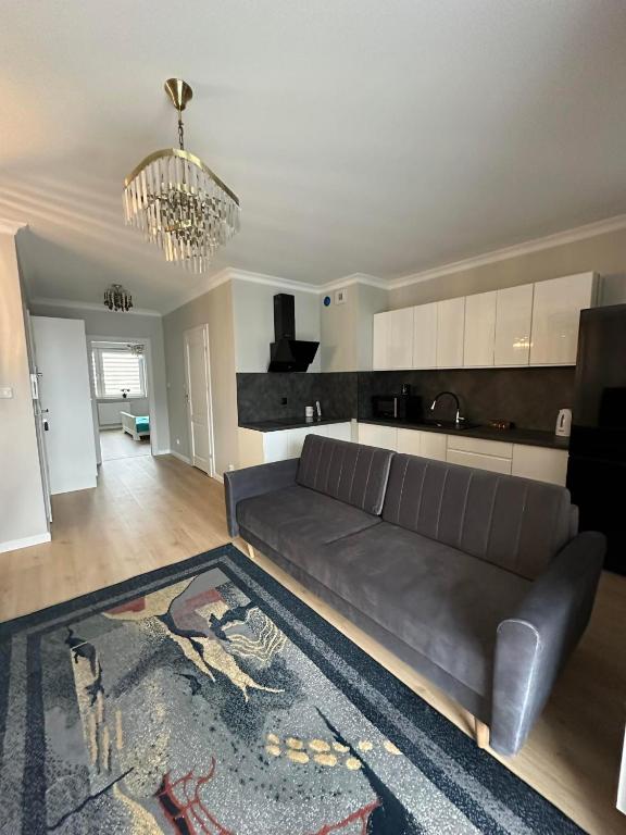 a living room with a couch and a kitchen at Apartament Różana in Lublin