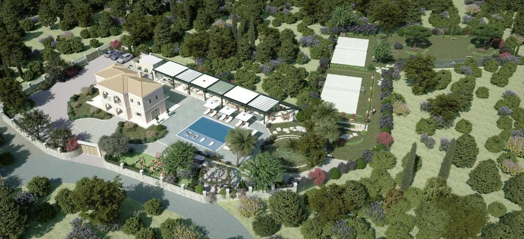 una rappresentazione di una casa con piscina e alberi di New Luxury Villa Rika with pool a Gouviá