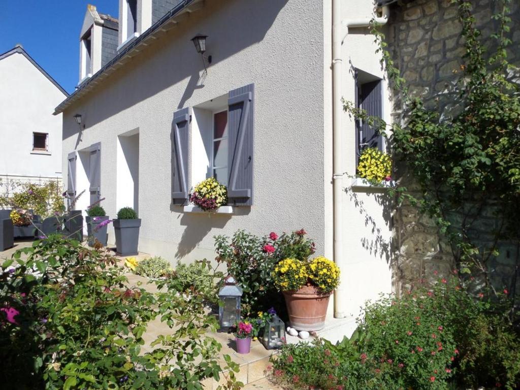 una casa blanca con plantas en macetas en las ventanas en Gîte Moderne 10 Pers. en Touraine avec Jardin, WiFi, Près de la Vienne et Vignobles de Chinon - FR-1-381-395, en Cravant-les-Coteaux