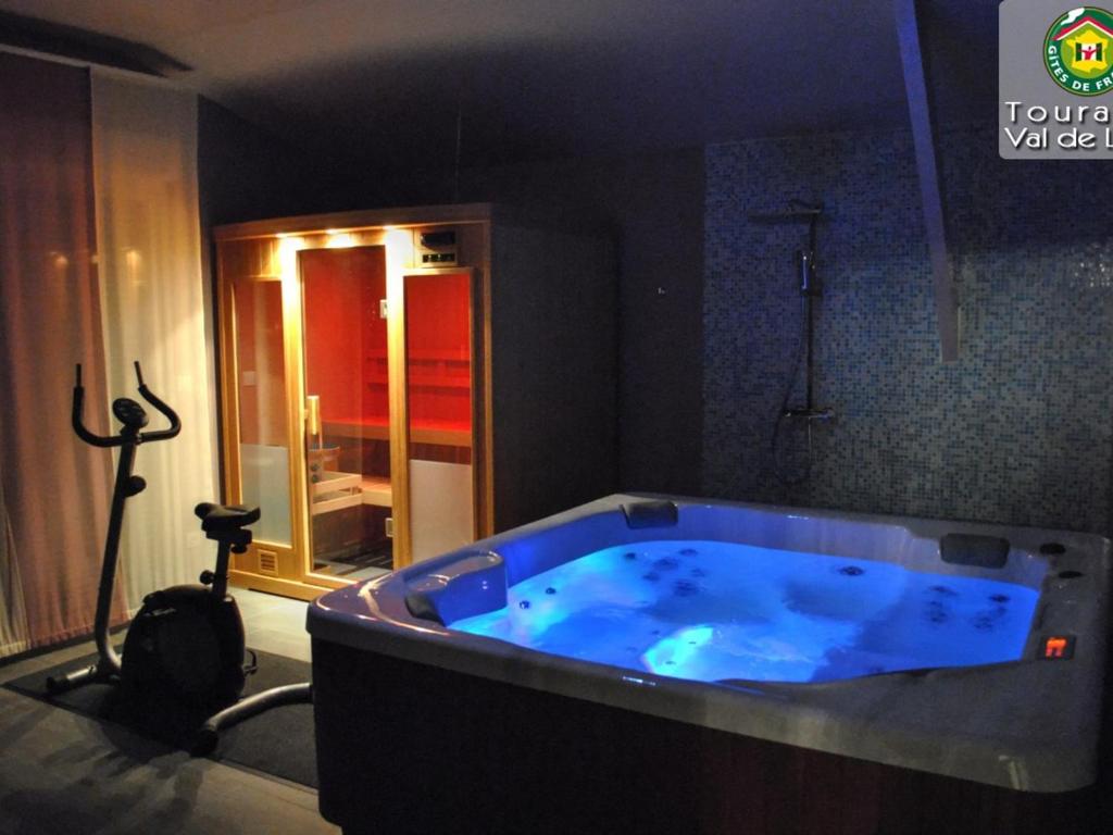 una gran bañera azul en una habitación en Séjour détente en Touraine : maison de charme avec spa, sauna, fitness, jardin clos et équipements pour bébé - FR-1-381-473, en Benais