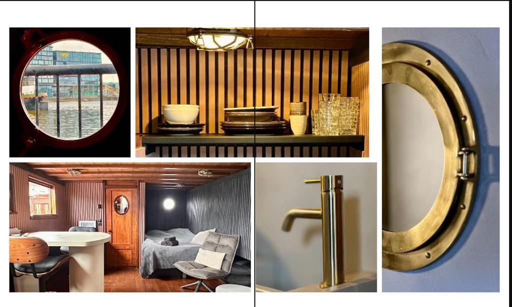a collage of pictures of a room with a mirror at Houseboat-Amsterdam-Classic in Amsterdam