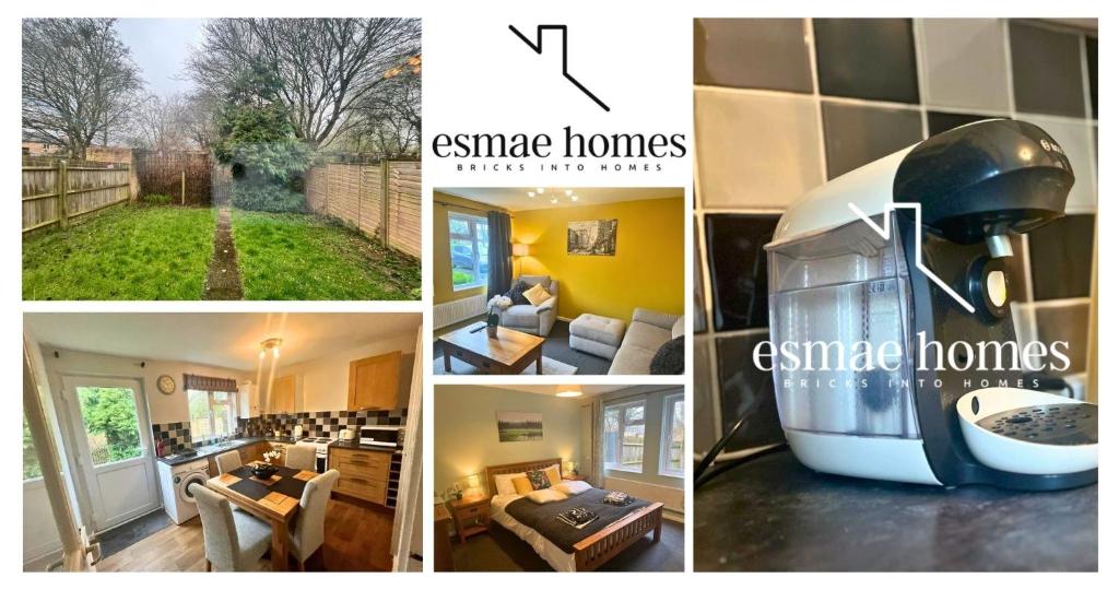 un collage de cuatro fotos de una casa en 1BR Flat MK Centre - Free Parking - Private Garden - Long stays welcome - just ask, en Milton Keynes