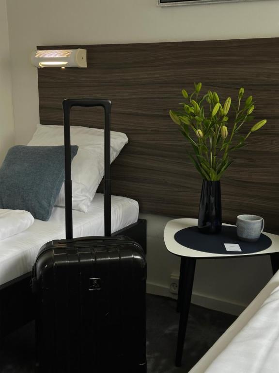 a hotel room with a suitcase and a table with a plant at ApartHotel Faber in Aarhus