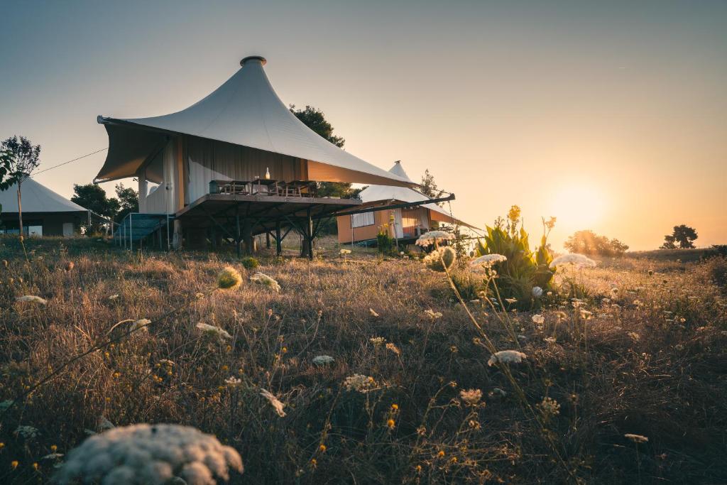 a tent on top of a field with the sunset at iHouseVILLAGE in Polychrono