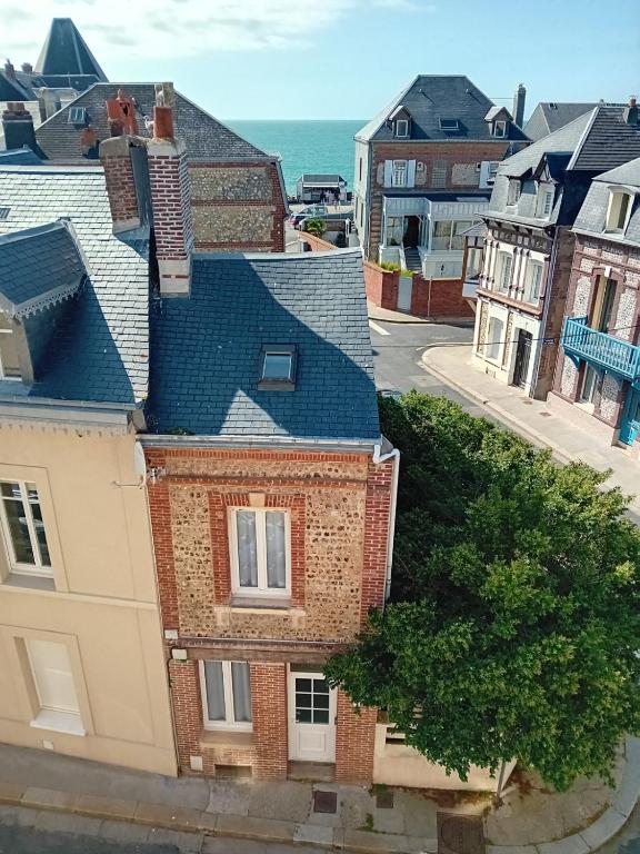 une vue aérienne des maisons avec l'océan en arrière-plan dans l'établissement Le nid de goélands, à Fécamp
