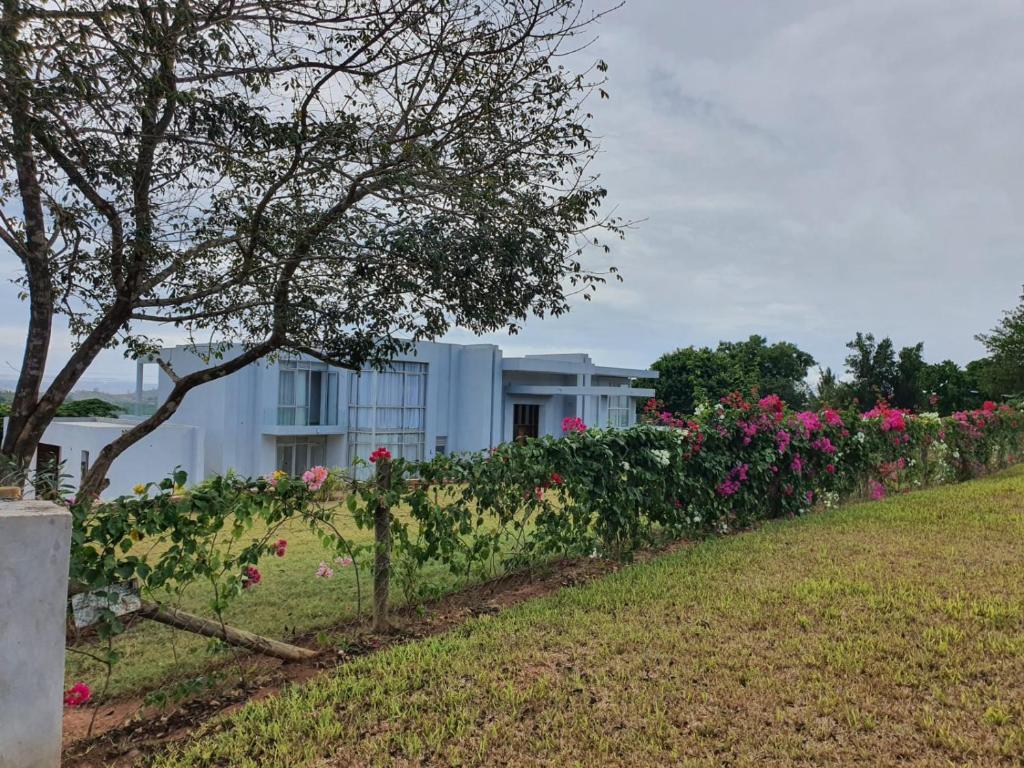 a house with a row of flowers in a yard at Villa Luiz Danneel: Vipingo Ridge in Mombasa