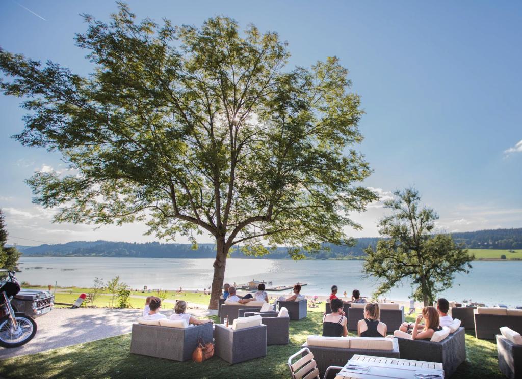 a group of people sitting in chairs under a tree at Hôtel L'Atelier de Donat in Malbuisson