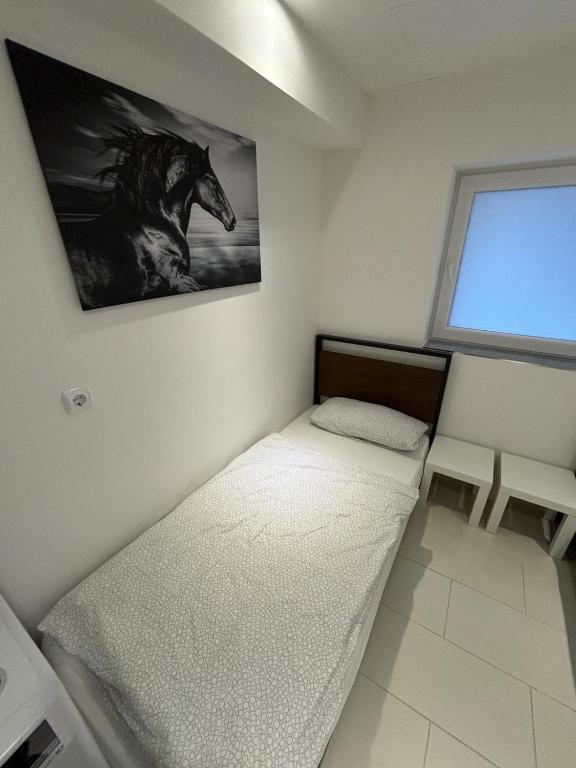 um quarto com uma cama com uma fotografia de um cavalo na parede em MK Apartments Bremen 2 em Bremen