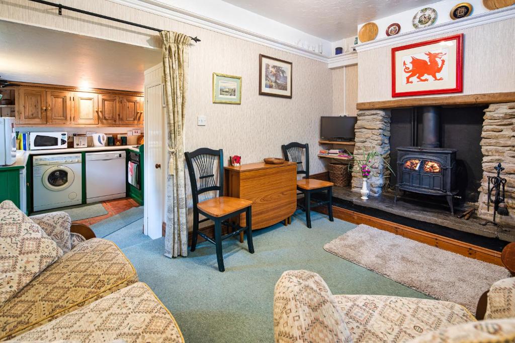 a living room with a fireplace and a stove at Upper Cottage Newcastle Emlyn in Cwm-pengraig