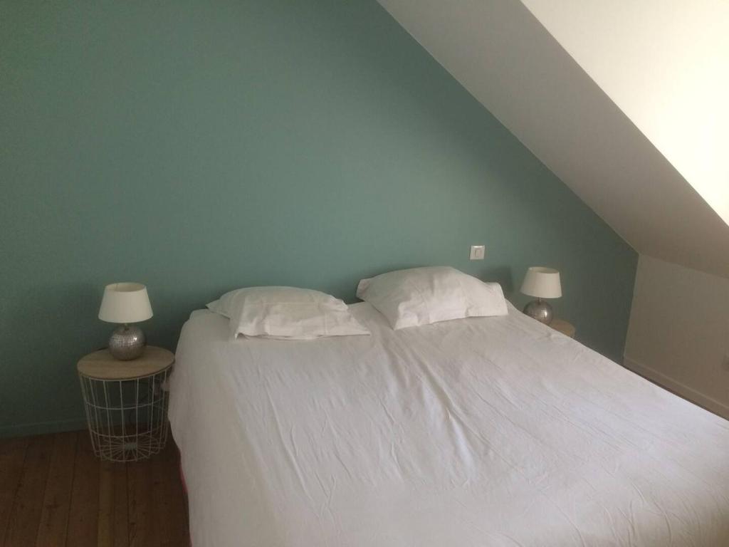 1 dormitorio con 1 cama blanca y 2 lámparas en 2 Chambres doubles en centre-ville du Mans, en Le Mans