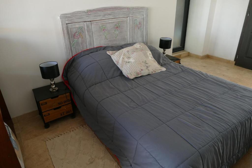 Carneville的住宿－Au coeur des landes，一间卧室配有一张带蓝色被子的床和两盏灯。