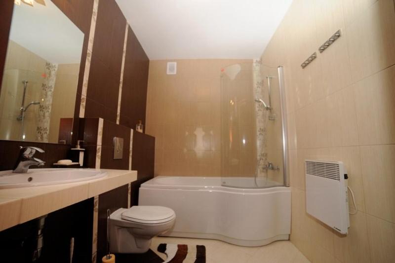 a bathroom with a sink and a toilet and a shower at Zakopane Apartament z kominkiem in Zakopane
