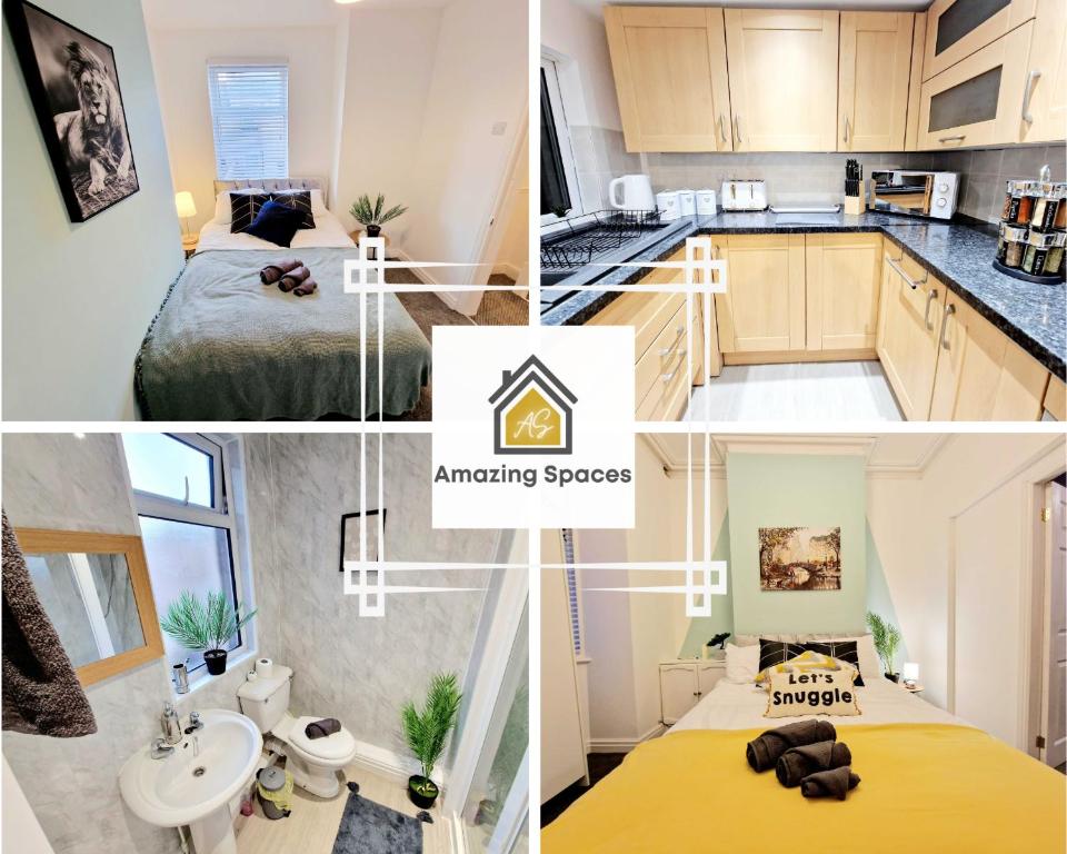 a collage of photos of a kitchen and anancing property at 3 Double-Bedroom House with FREE WiFi by Amazing Spaces Relocations Ltd in Barrow in Furness