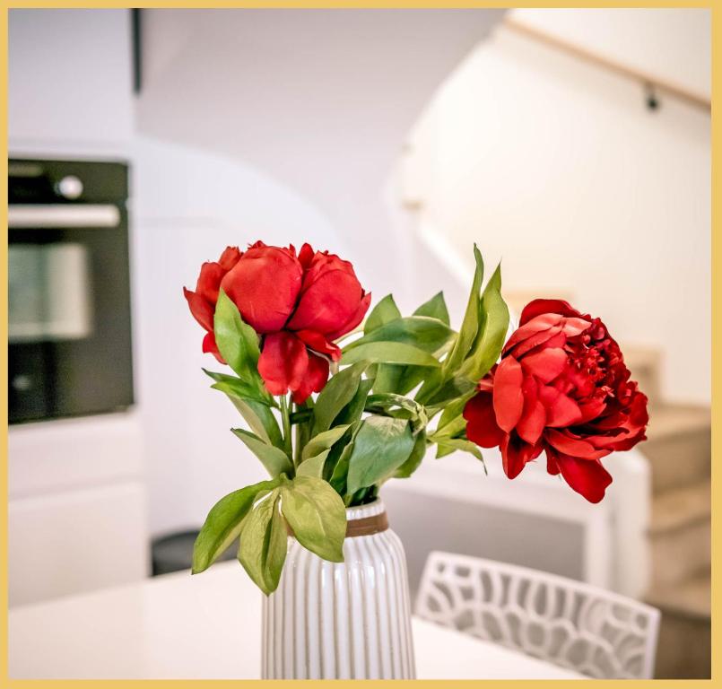 a white vase with red flowers in a kitchen at Appart T3 Luxe Douvaine in Douvaine