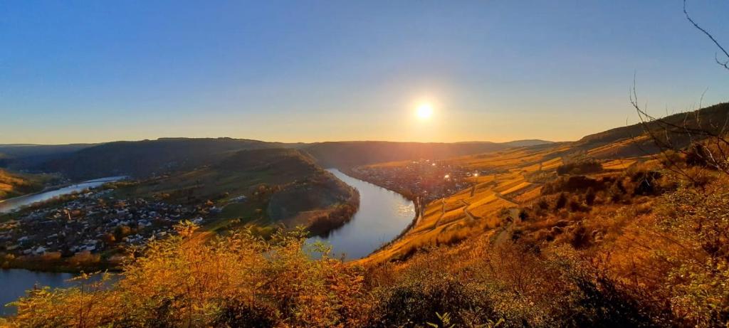 a view of a river with the sun in the background at Paradies Camp in Kröv