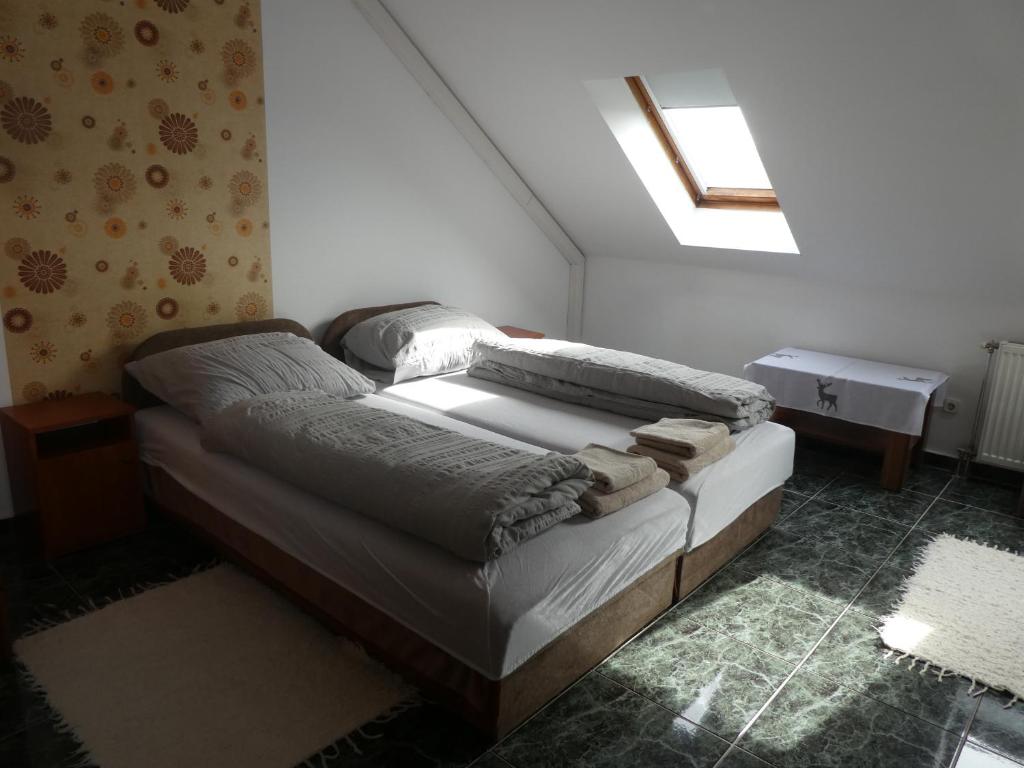 ハイドゥソボスローにあるKASZÁS HÁZのベッドルーム1室(ベッド2台、天窓付)