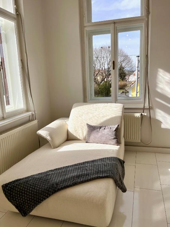 a couch sitting in a room with two windows at LUXUS sApartments in der Kunstvilla &amp; kostenloses parken in Premstätten